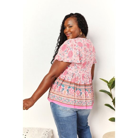 Double Take Bohemian Decorative Button Tie-Neck Peplum Blouse - Picture 2 of 14